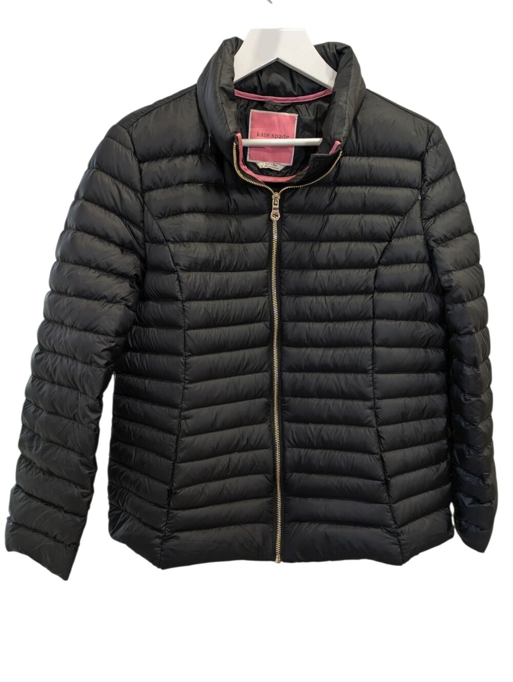 Kate Spade Packable Down Puffer Jacket Large Black Full Zip Travel Hidden Hood
